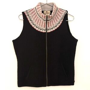 WOOLRICH Wool Vest Womens Large Black Fair Isle Zip Sweater, black, red and gray